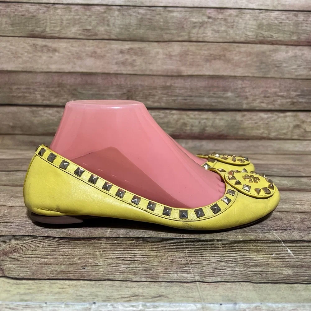 Tory Burch Yellow Leather Studded Round Toe Flats